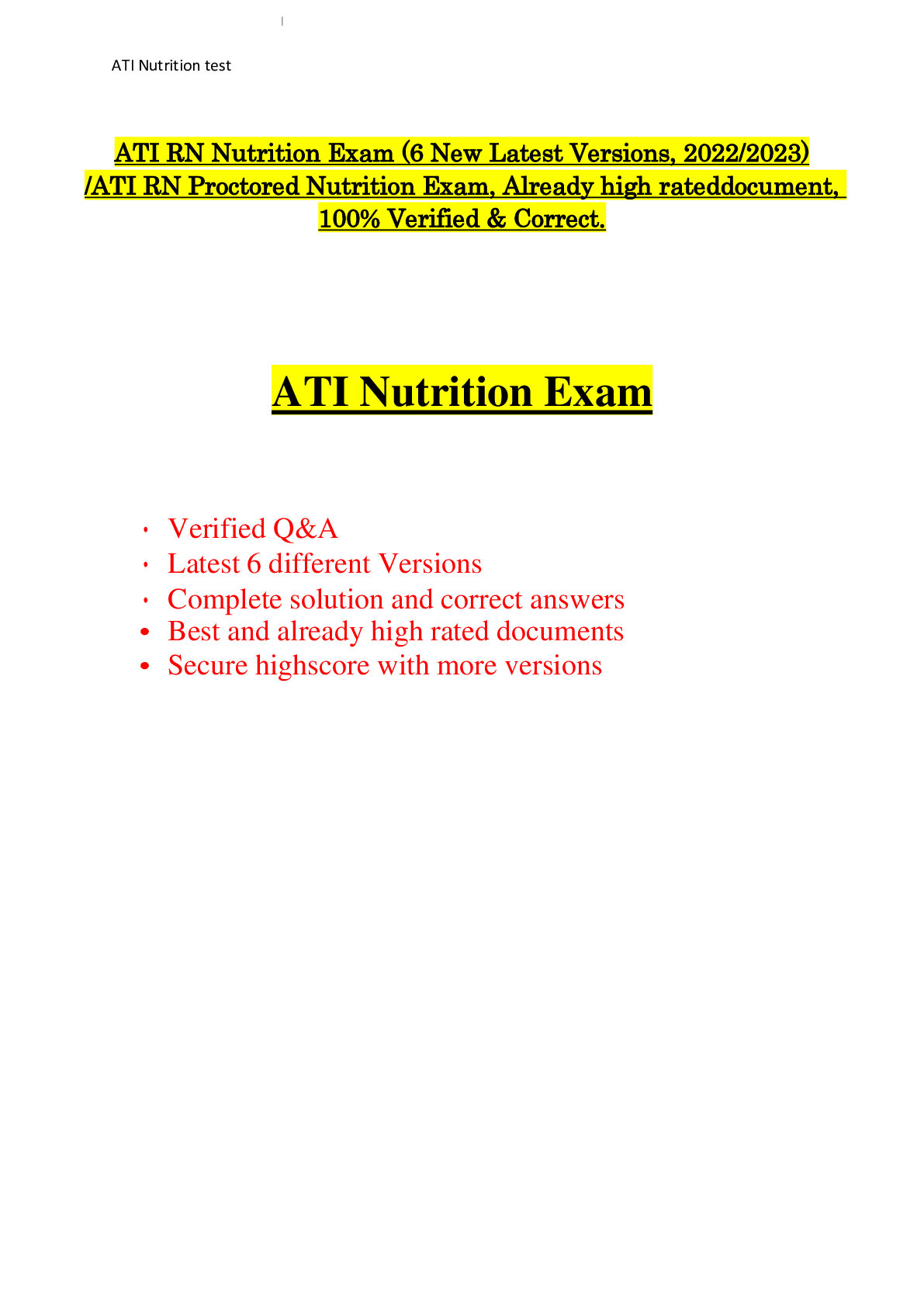ATI RN Nutrition Exam (6 New Latest Versions, 2022/2023) /ATI RN